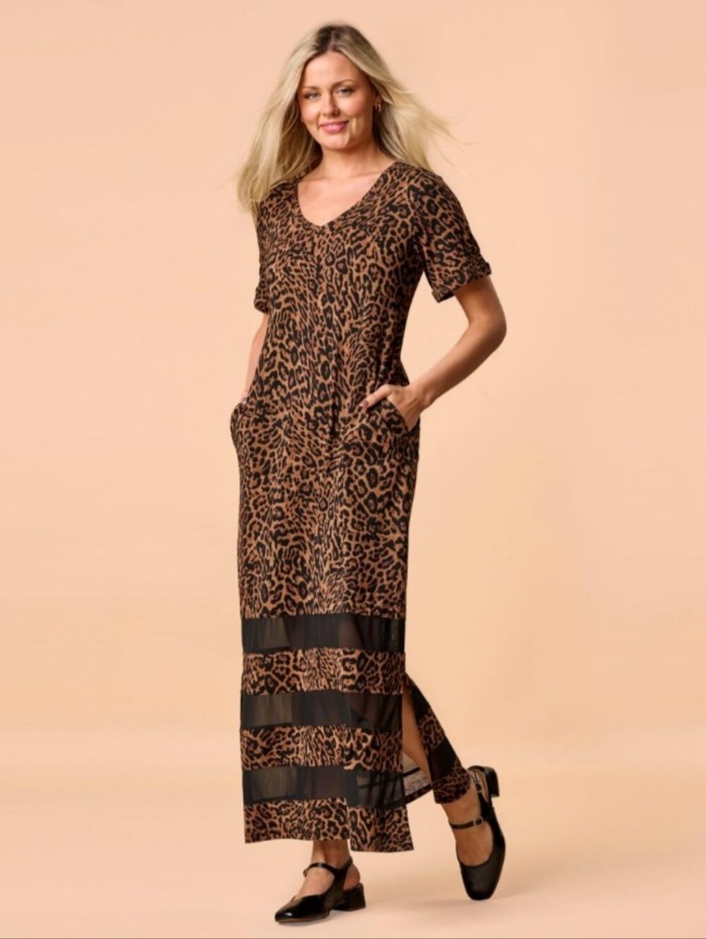 Colleen Lopez EveryWear Mesh Insert Maxi Dress Leopard Print Brown Womens‎ Sz XL